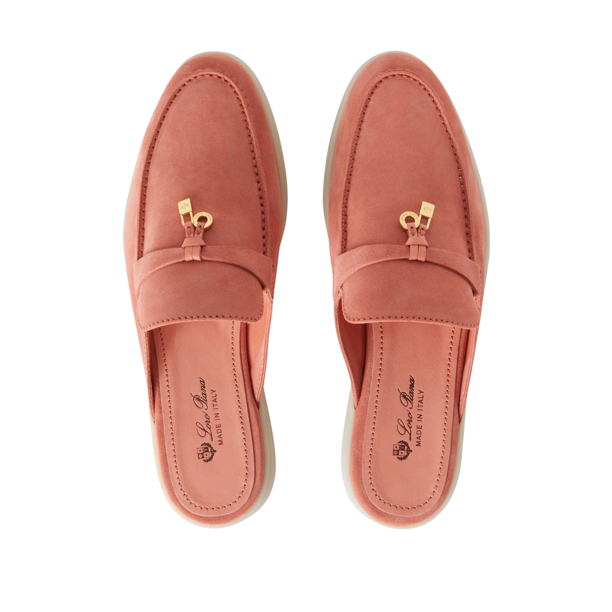 Pair of pink loafers with gold buckles on a white background