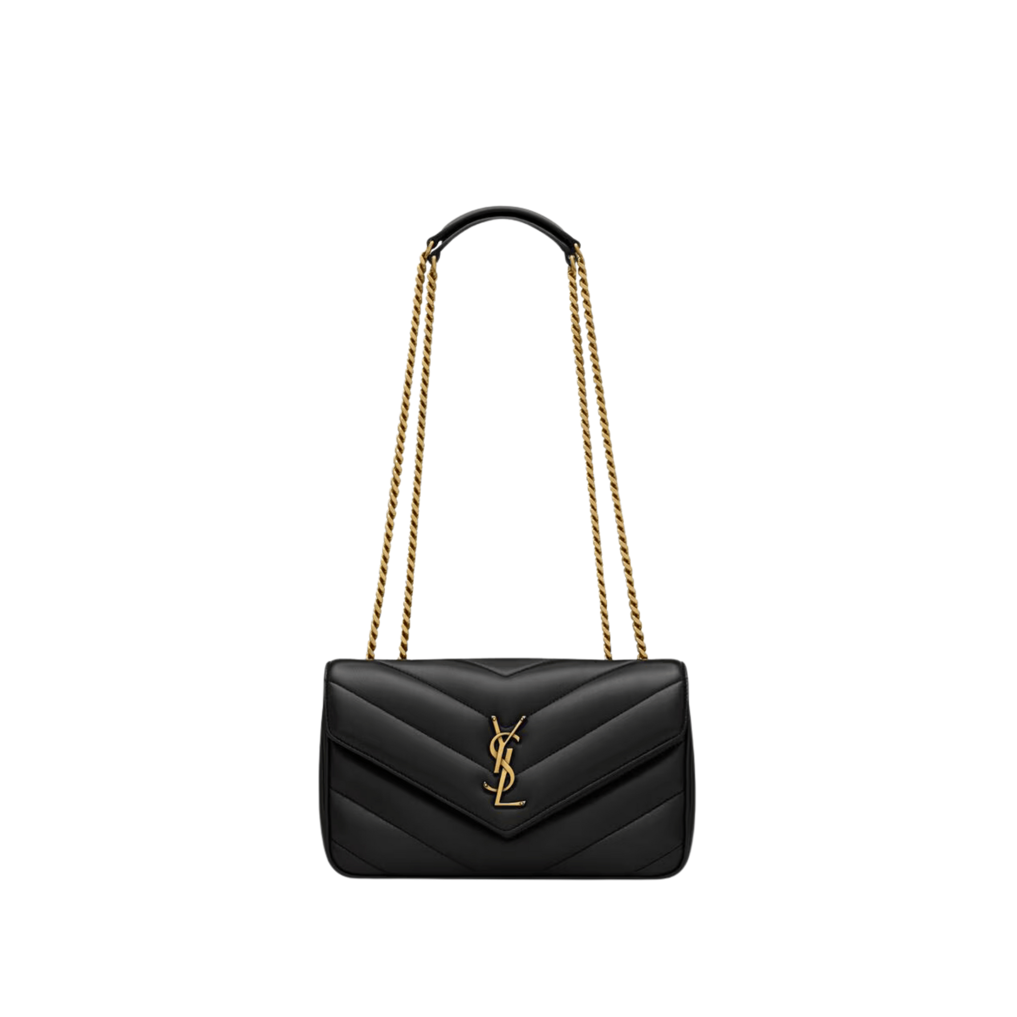 Black handbag with gold chain strap on a white background