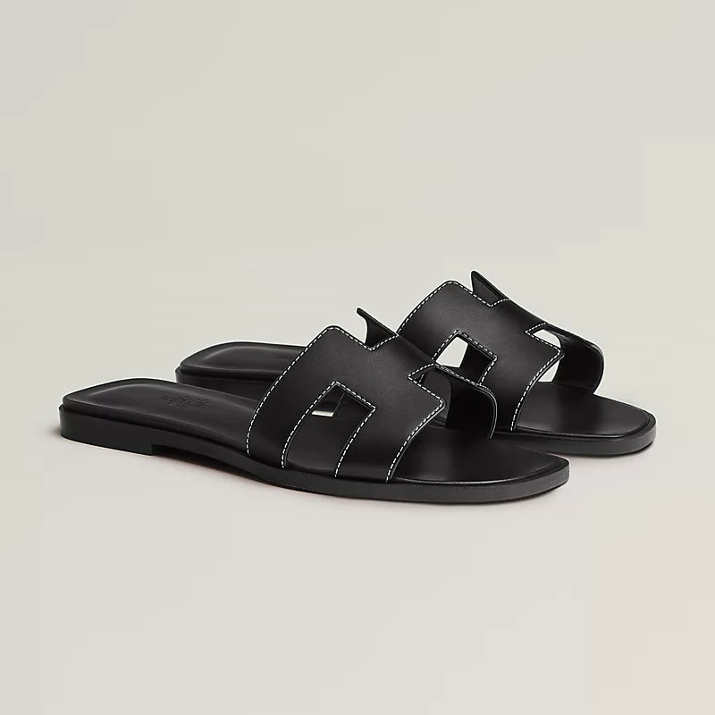 Luxury Leather Slide Sandals - Signature Geometric Detail