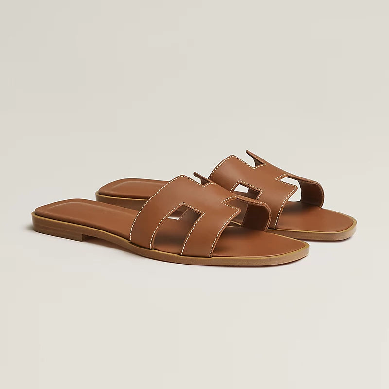 Luxury Leather Slide Sandals - Signature Geometric Detail