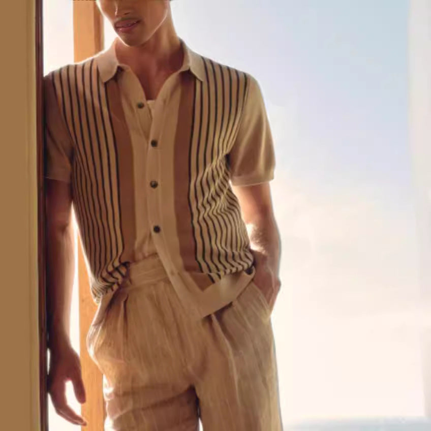 Men's Summer Stripes Short-sleeved Polo Shirt Knitted Jacket