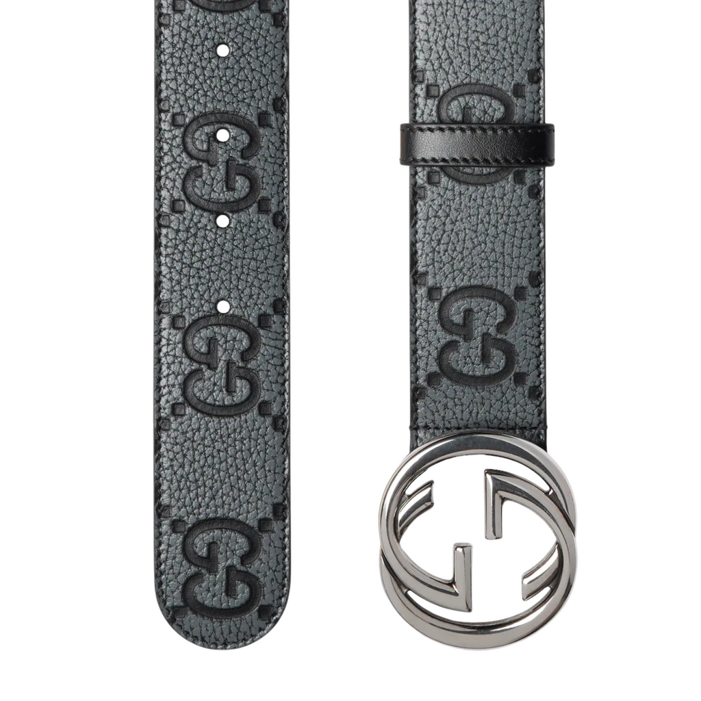 black belt with silver G buckle oversized geometric belt buckle unisex statement leather belt 