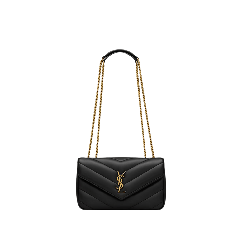 Black handbag with gold chain strap on a white background