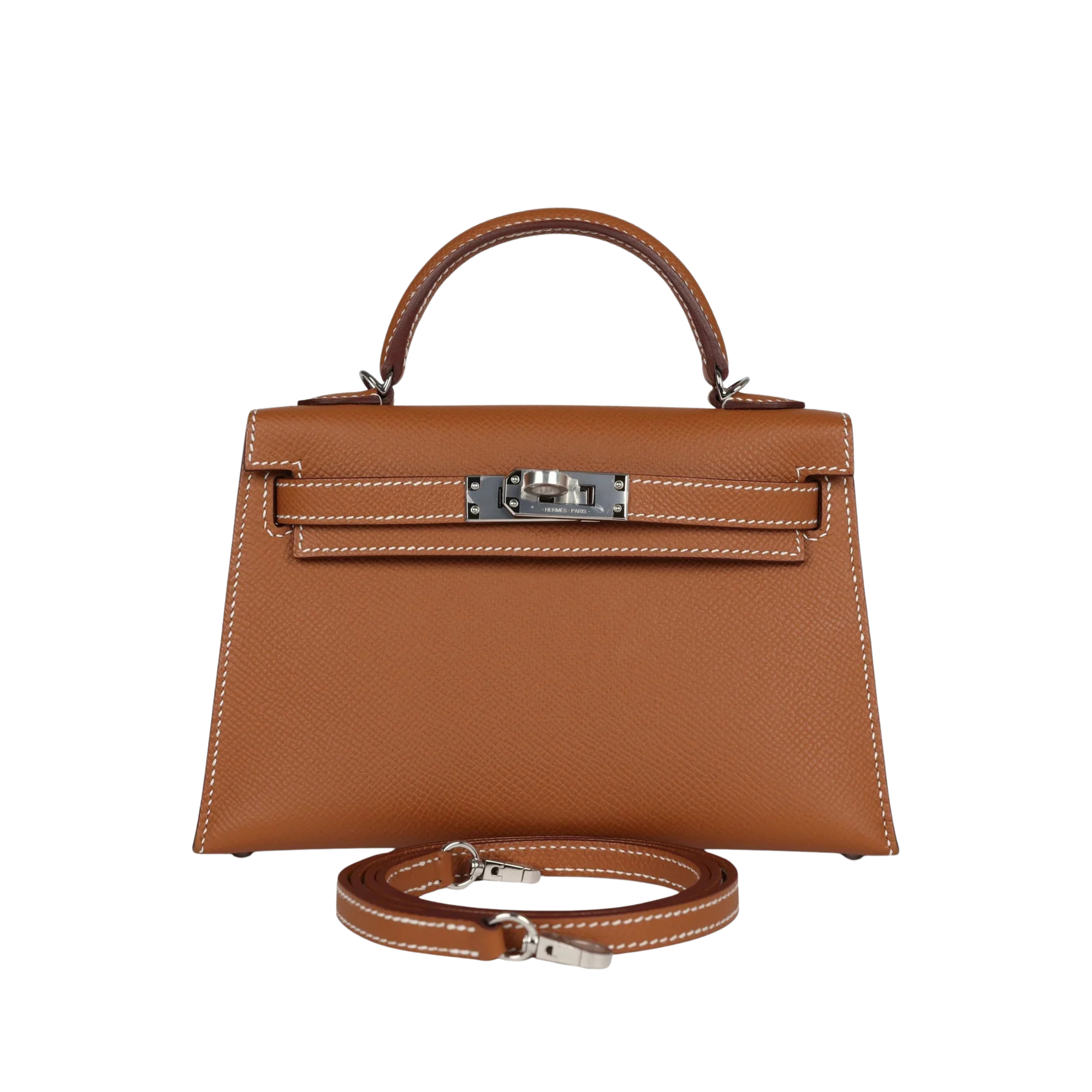 Brown handbag with a strap on a white background