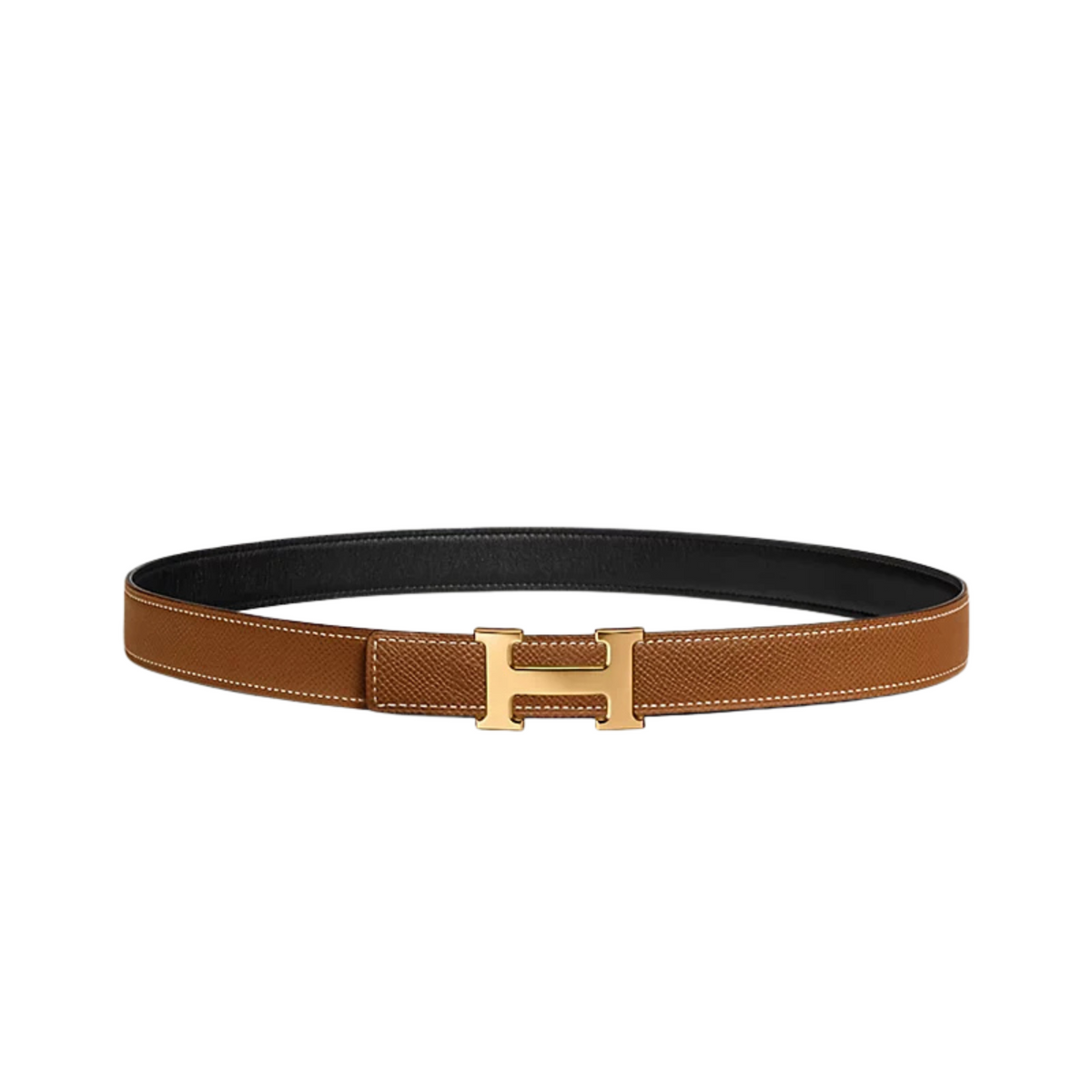 Brown leather belt with gold H-shaped buckle