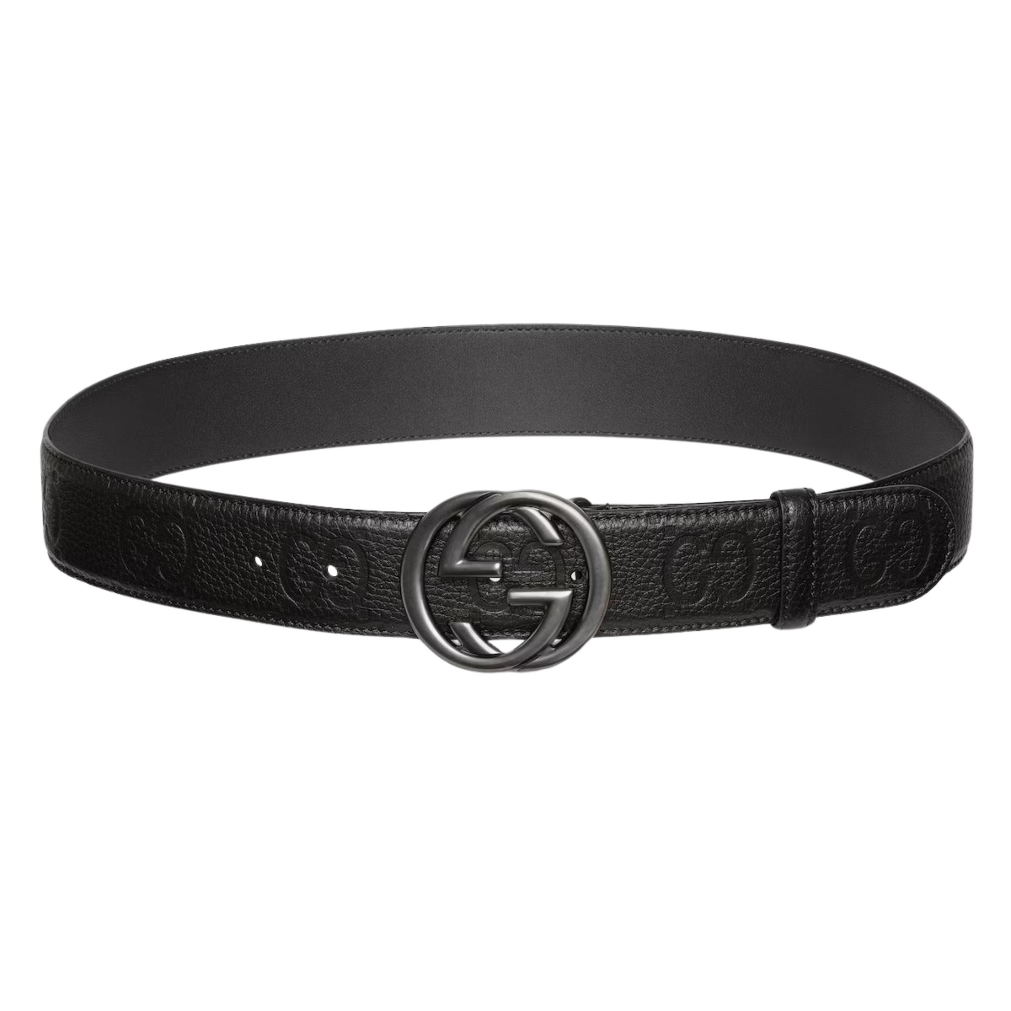 black belt with silver G buckle oversized geometric belt buckle unisex statement leather belt