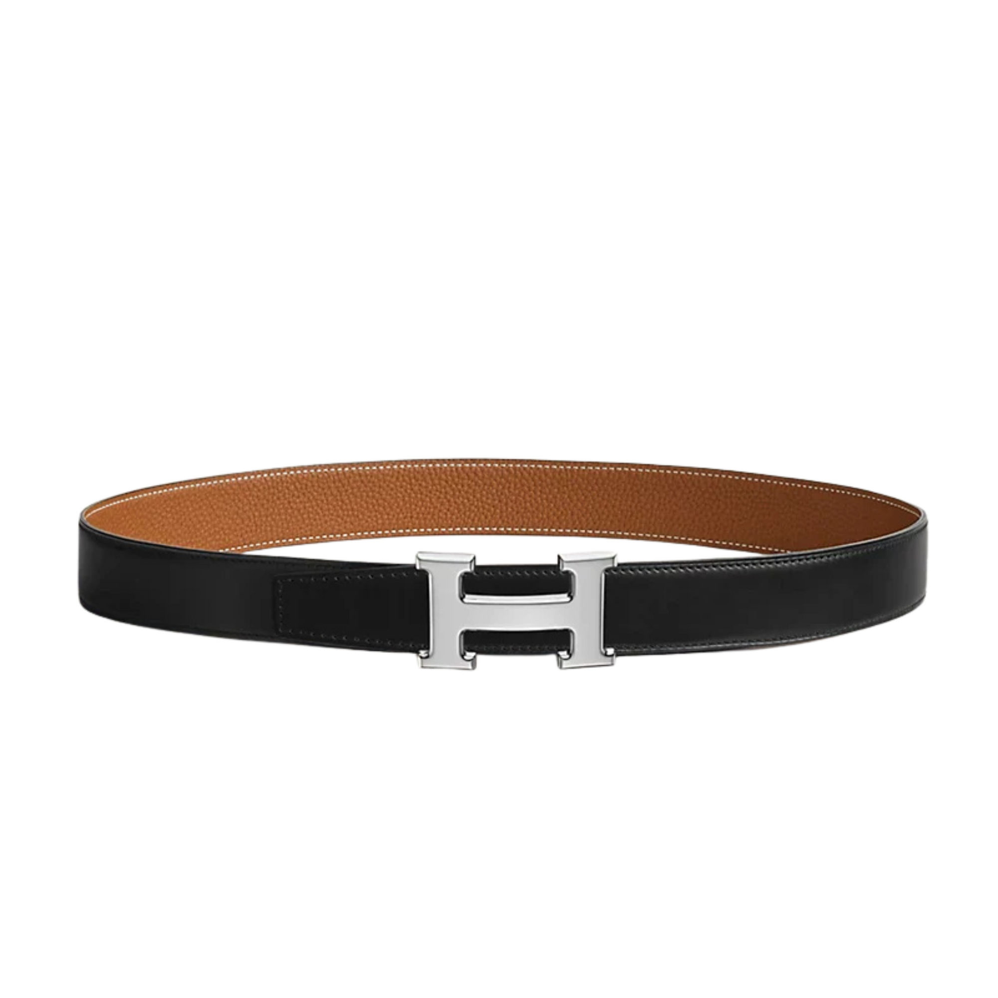 Brown leather belt with silver buckle on jeans
