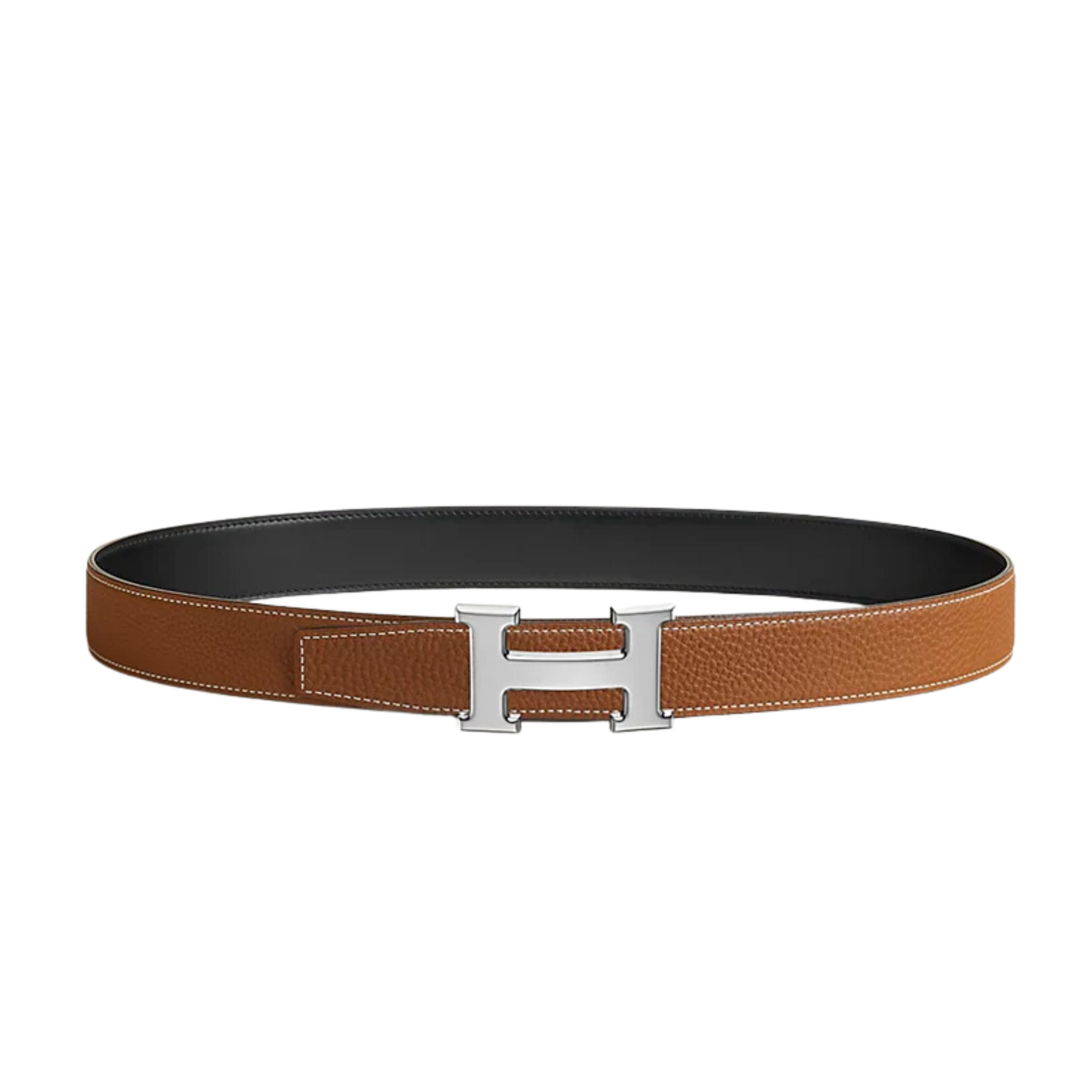 Brown leather belt with silver buckle on jeans