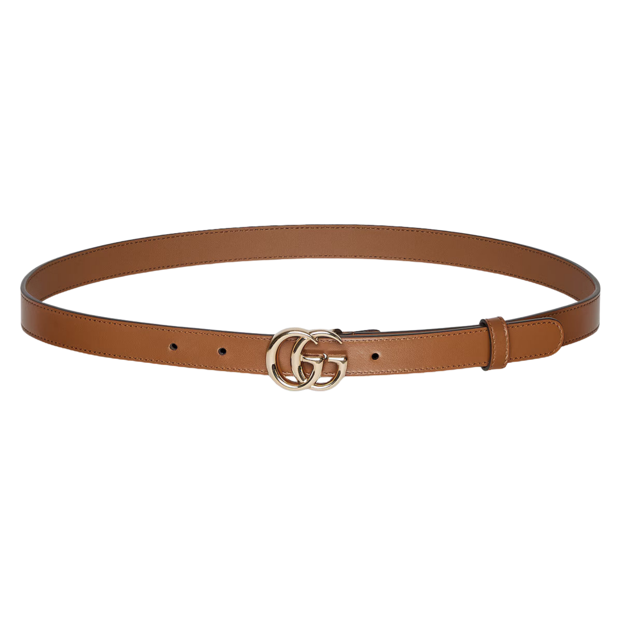 Thin brown women's belt with silver interlocking buckle on dress