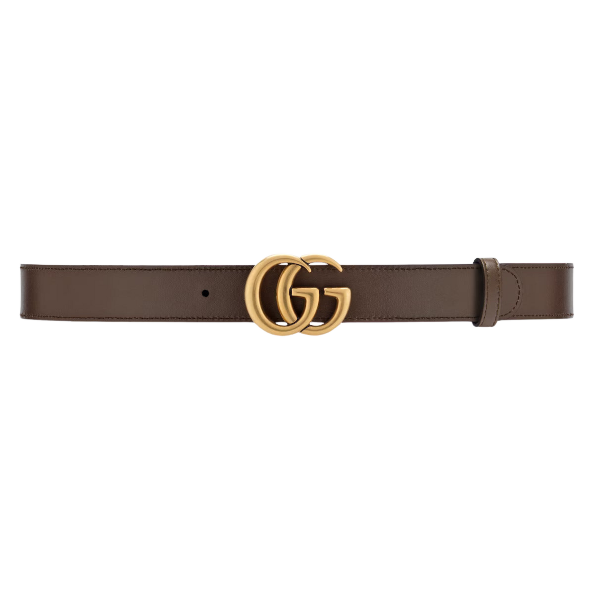 Thin brown women's belt with silver interlocking buckle on dress